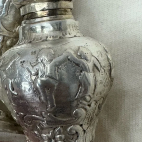 Antique Coin Silver Repousse Salt & Pepper Shakers Figural Dancing Scene 19c